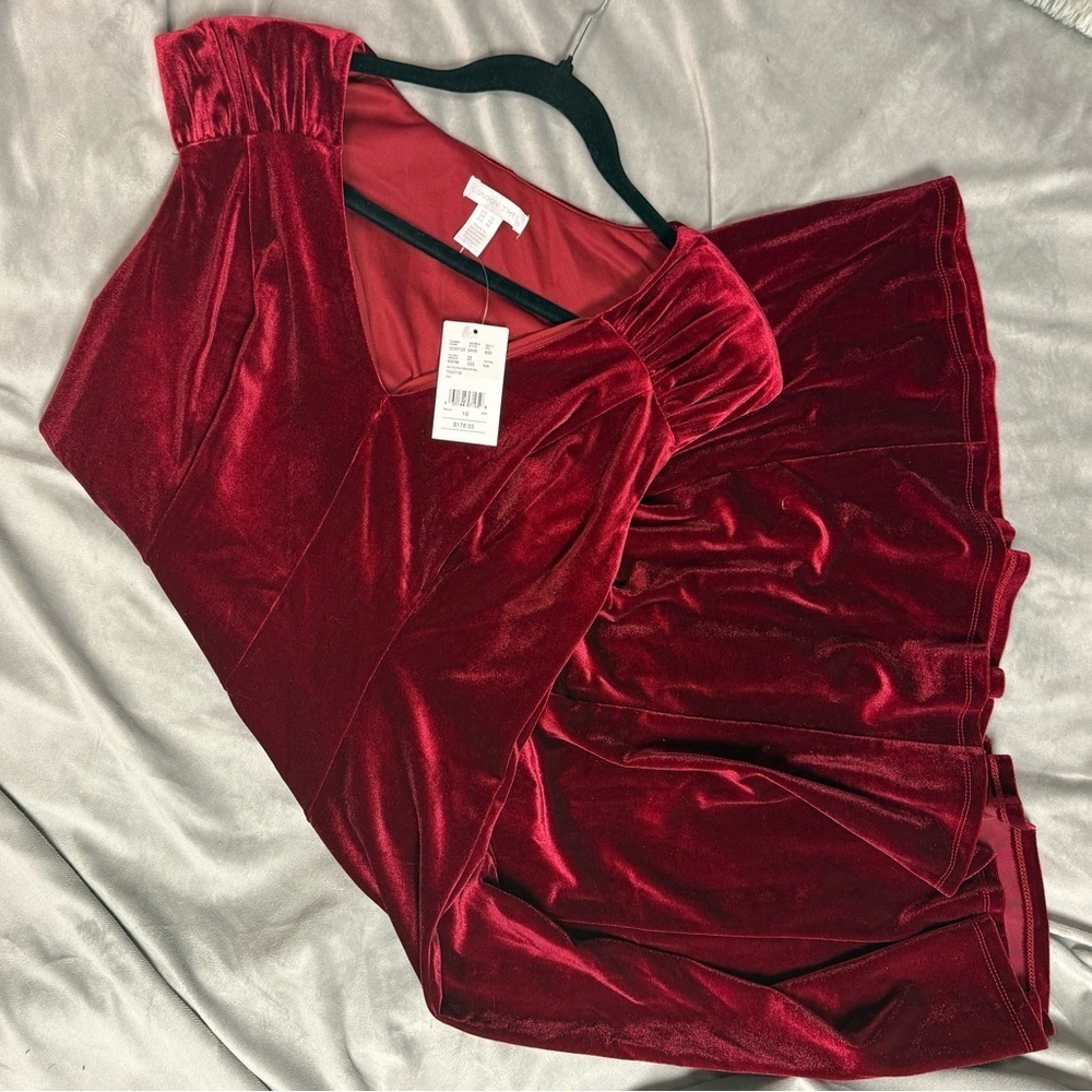 Red Velvet Midi Dress London Times | Coquette Holiday Party Glam Burgundy